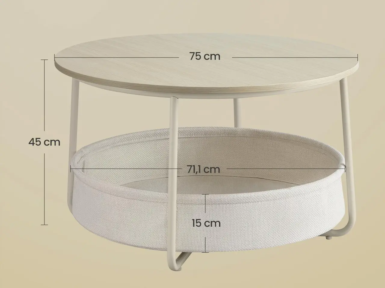 Billede 3 - Rundt sofabord med opbevaringskurv - moderne stuebord i naturbeige/cremehvid, metalstel, Ø75 × H45 cm