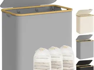 Vasketøjskurv med låg 3 rum, 150 l, aftagelig netforing, Oxford-stof, bambushåndtag, sammenklappelig, 60 × 38,5 × 70,5 cm, duegrå