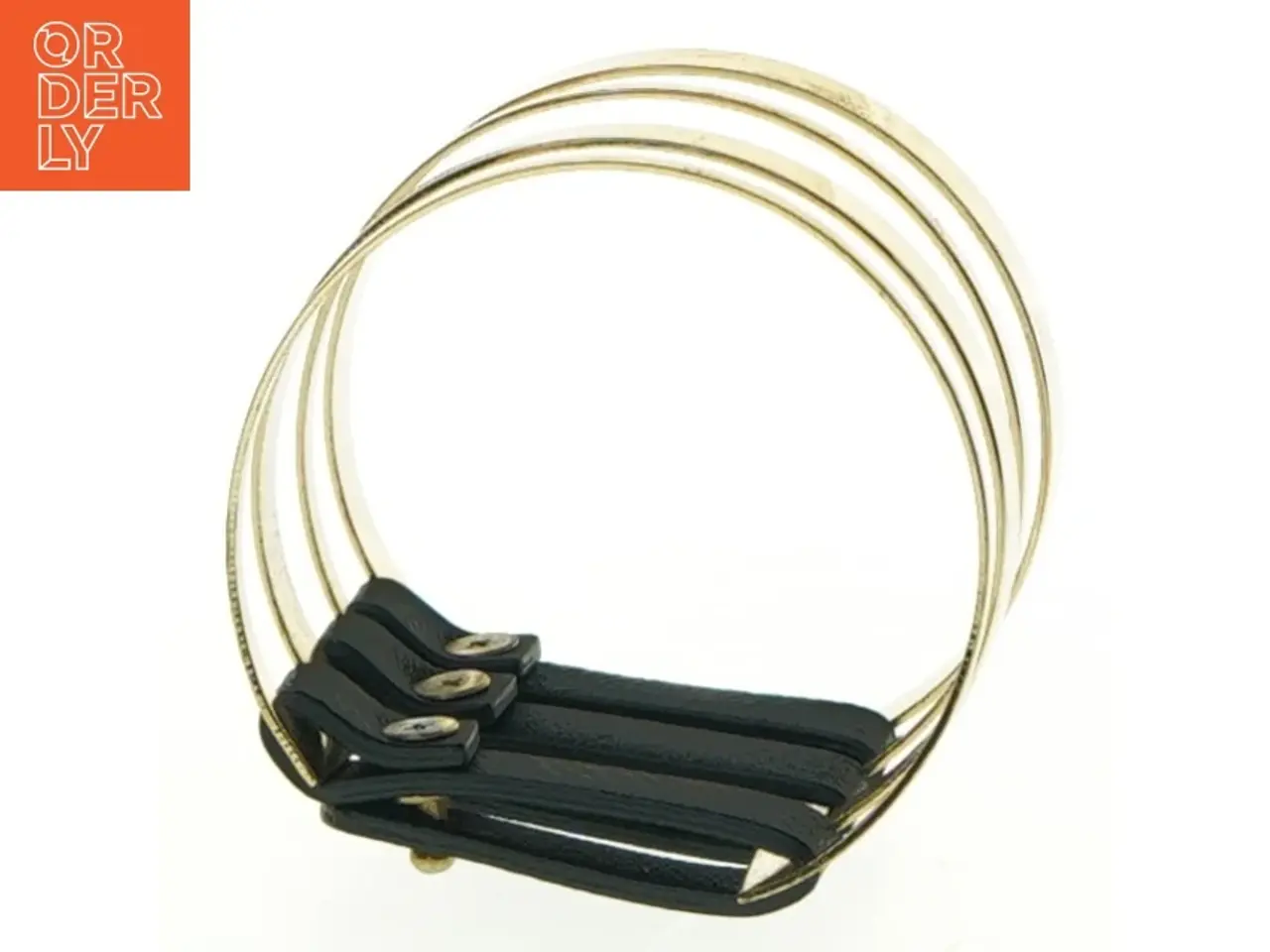 Billede 1 - Gyldent armbånd med sort læder (str. Ø6,5 x, 5 cm )