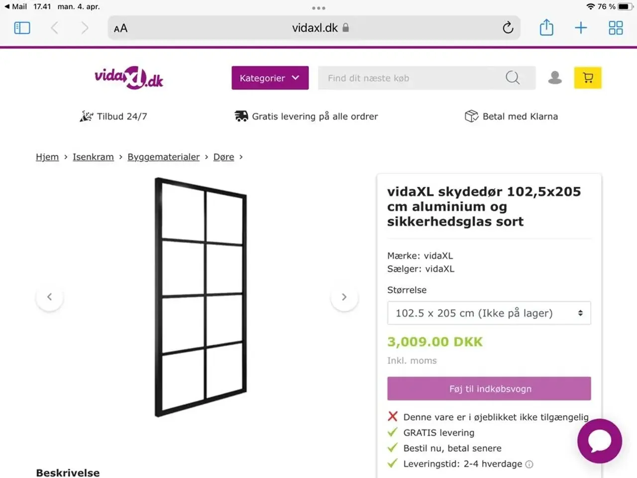 Billede 1 - skydedør 102,5x205 cm aluminium og s