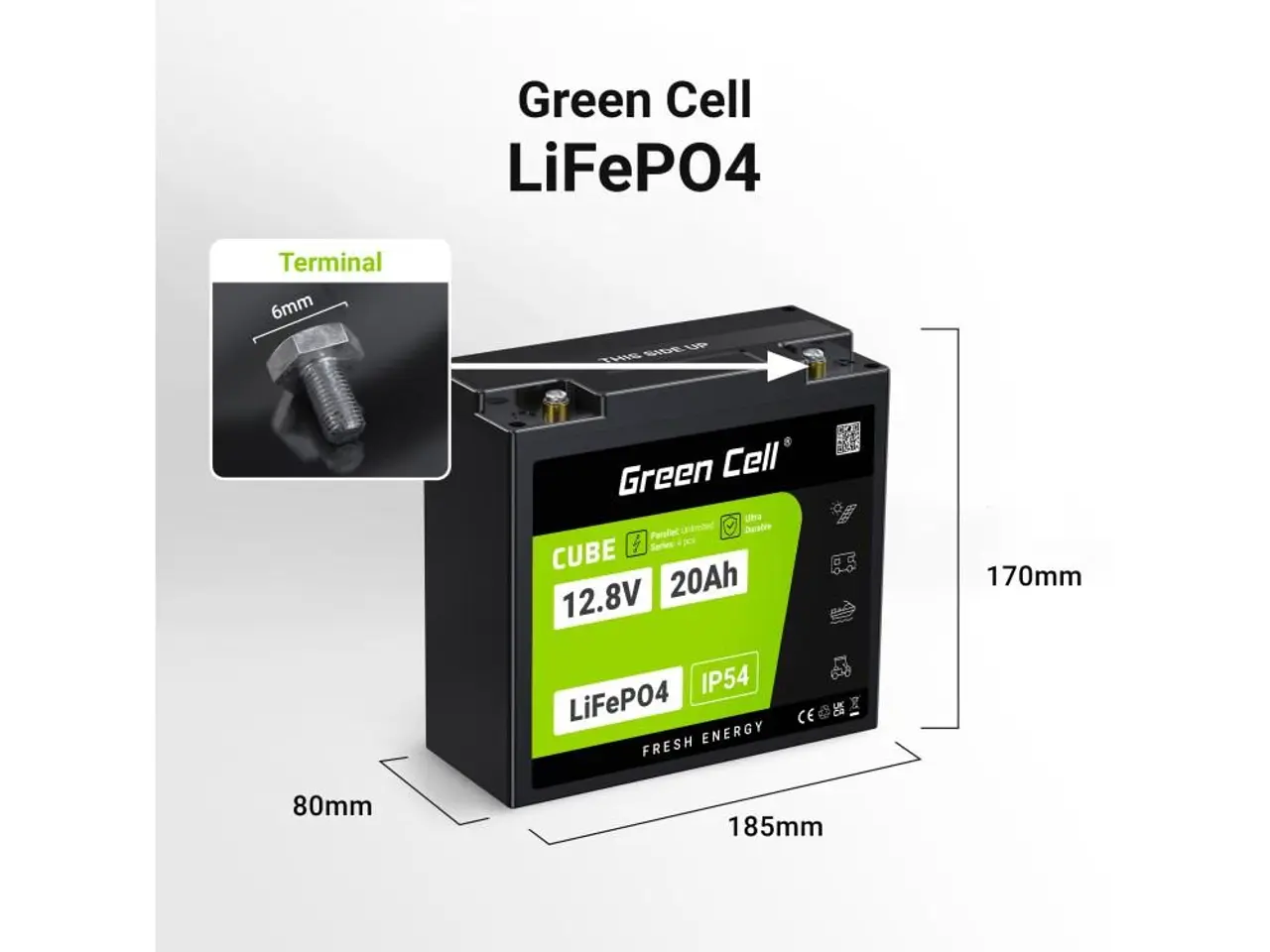 Billede 3 - Green Cell CUBE LiFePO4-batteri 12,8 V 20 Ah (256 Wh) - sort/grøn