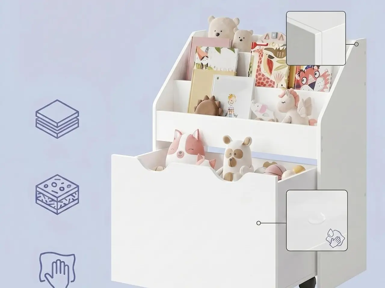 Billede 7 - Børnebogreol med opbevaringskasse på hjul - Cloud White