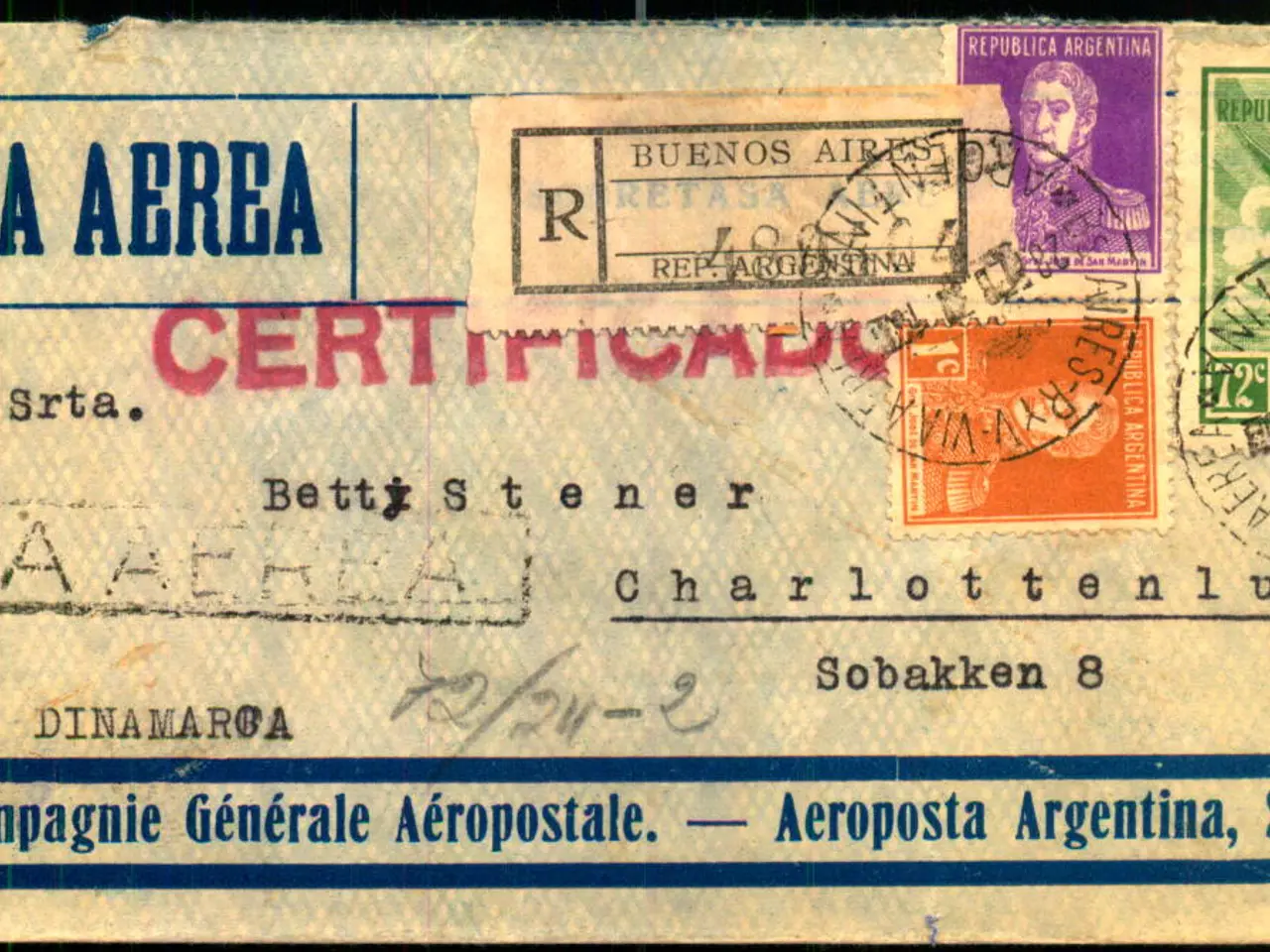 Billede 1 - Luftpost Rekommanderet Brev fra Argentina til Danmark - 28 - 2 - 1931
