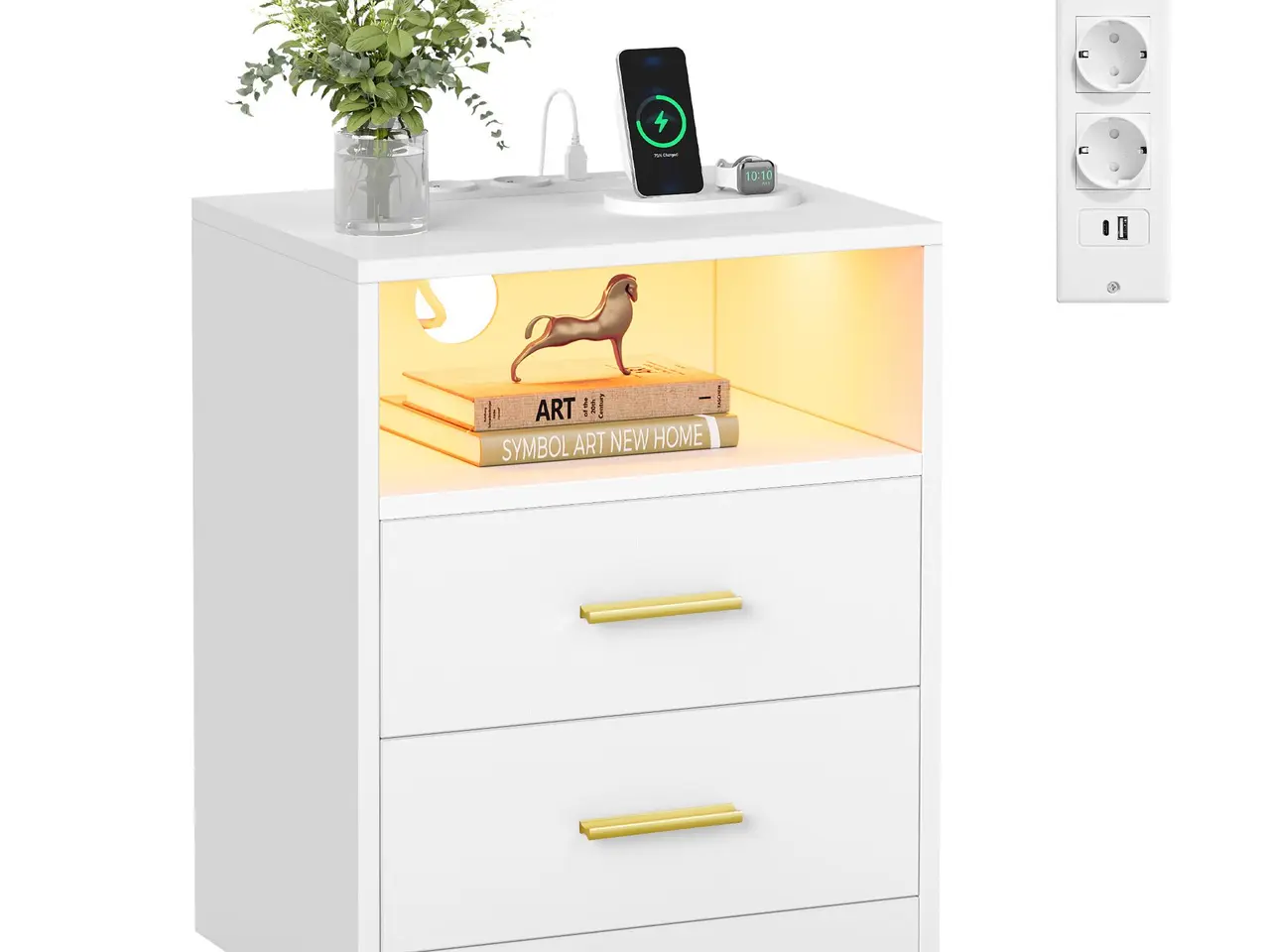 Billede 1 - Sengebord med ladestation og LED-lys, 2 skuffer - hvid