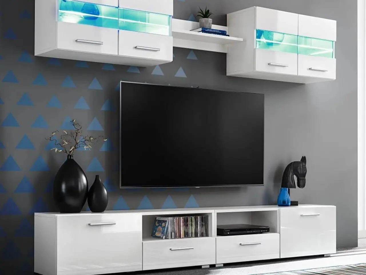 Billede 1 - Skabssæt 5 dele med tv-skab og LED-lys hvid højglans