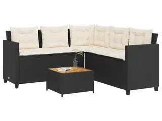 Havesofa med bord og hynder - L-formet polyrattan, sort
