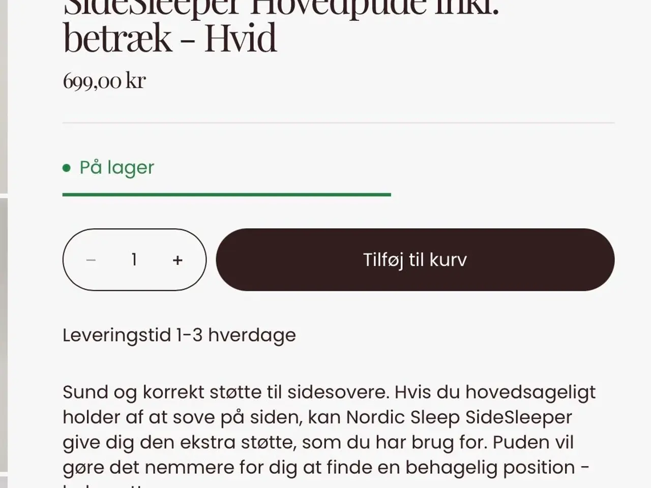 Billede 1 - SideSleeper hovedpude med betræk