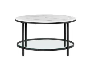 Sofabord rundt, hvid marmoreffekt, sort stel, glas hylde, Ø80 cm