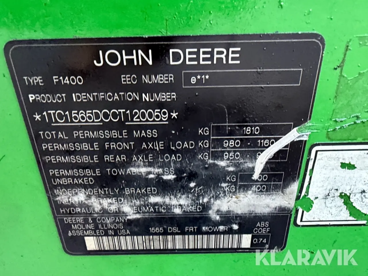 Billede 5 - Græsslåmaskine John Deere F1400 frontklipper