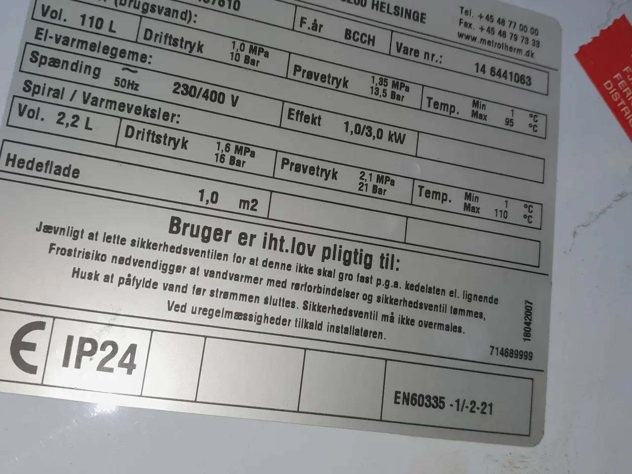 Billede 2 - Metro combi vandvarmer 2013
