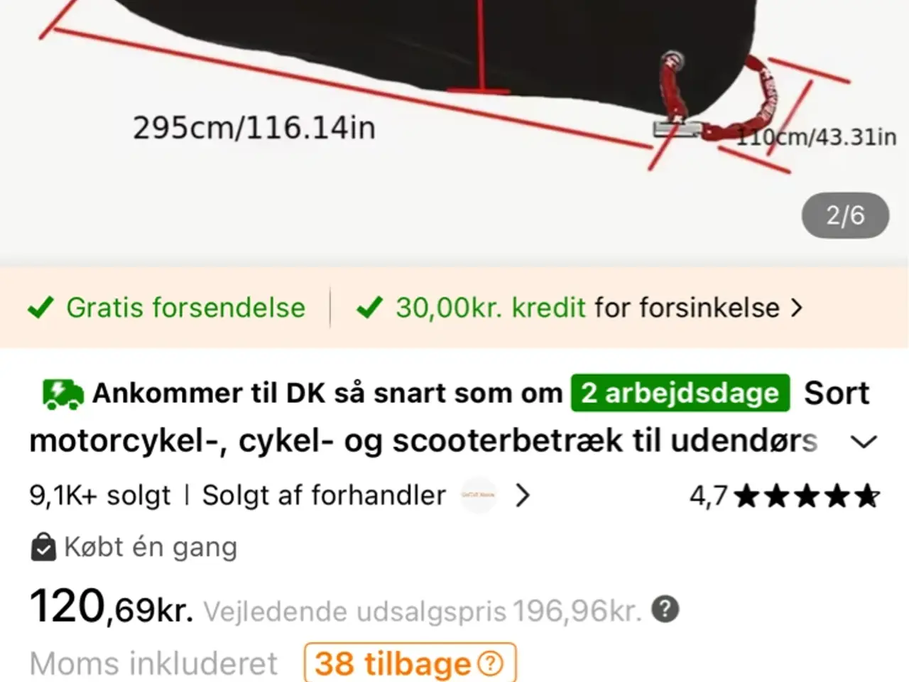 Billede 2 - Sort betræk til motorcykel, cykel eller scooter
