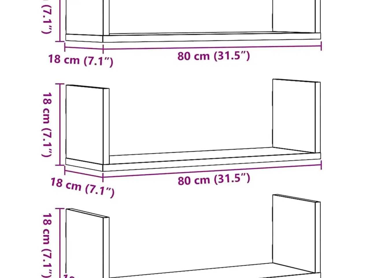 Billede 11 - Væghylder 3 stk. - 80×18×18 cm i konstrueret træ, sort eg