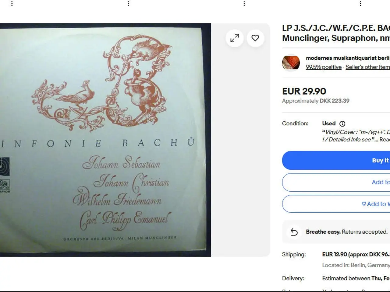Billede 2 - Bach 3 symfonier, Supraphon LP 1969