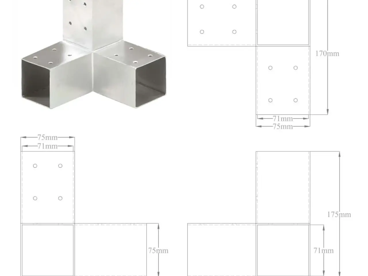 Billede 7 - Stolpebeslag Y-form 4 stk. 71x71 mm galvaniseret metal