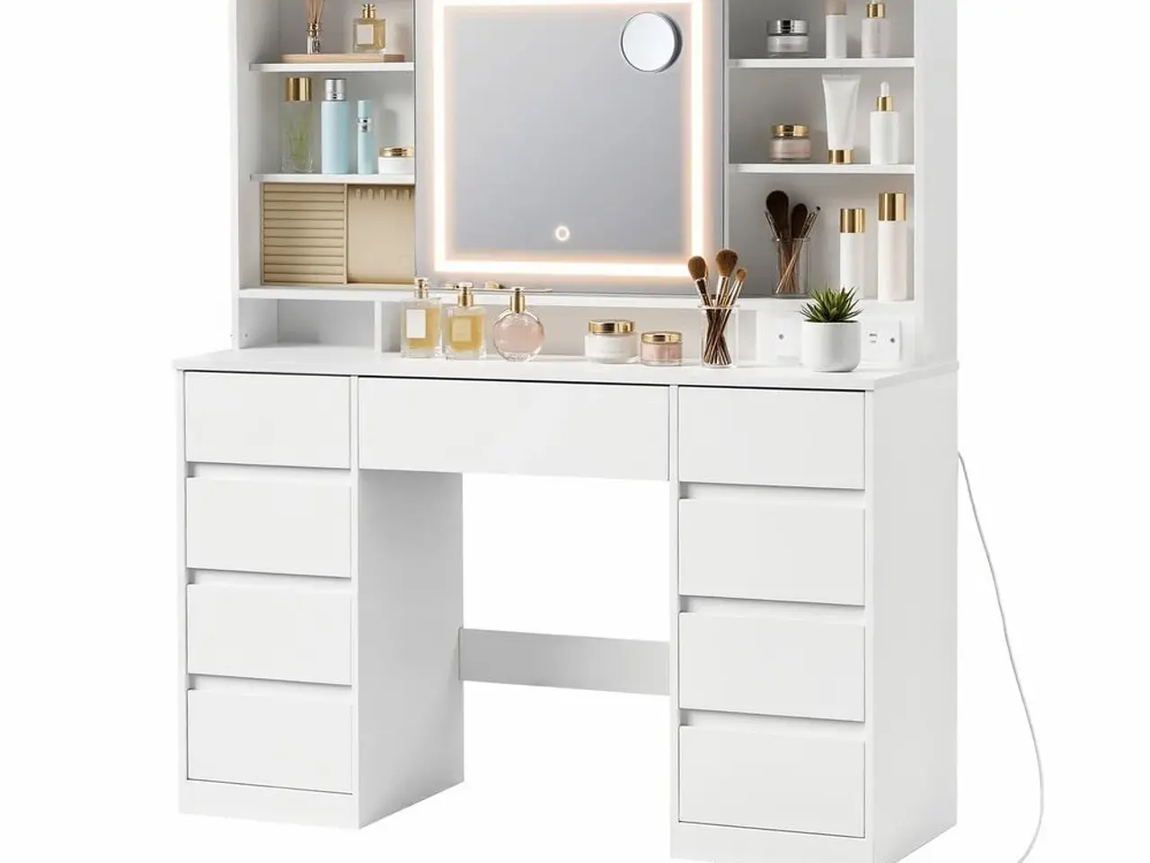 Billede 2 - Toiletbord med LED-spejl, smykkeopbevaring og 9 skuffer - hvid