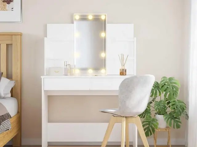 Makeupbord med LED-lys og spejl - 96 × 40 × 142 cm, hvid - GulogGratis.dk