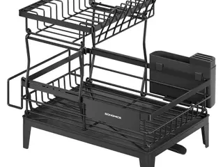 Opvaskestativ i 2 niveauer med 360° drejbar tud - drænplade og bestikholder, 31 × 42 × 36,5 cm - ink sort