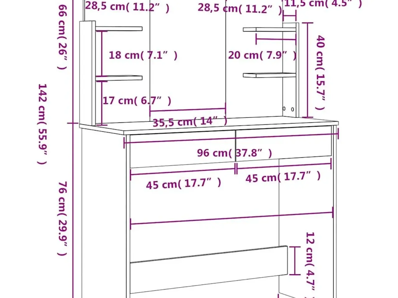 Billede 8 - Makeupbord med spejl 96x39x142 cm hvid