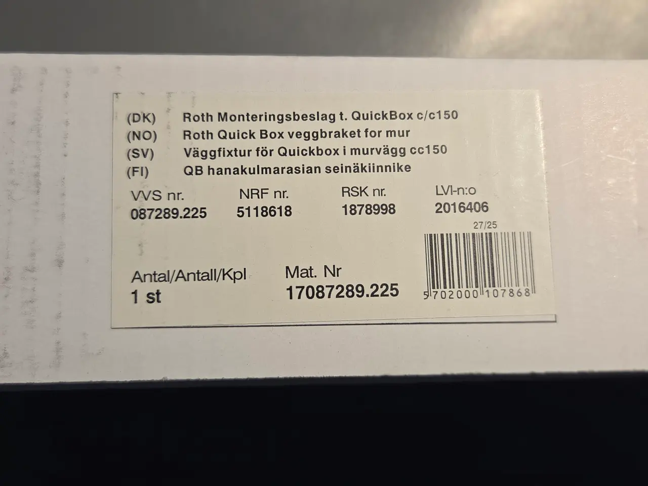 Billede 2 - Roth Monteringsbeslag til QuickBox c/c150