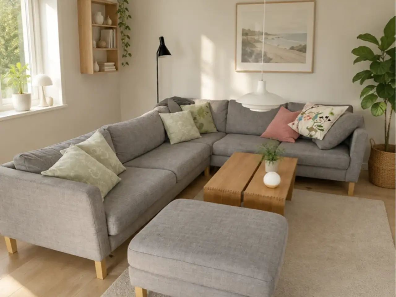 Billede 1 - Hjørnesofa med puffe i lys grå stof.