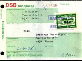 Banepakke DSB/Hads-Ning - Herreds Jernbane - Følgeseddel - 6 - 4 - 78 - 1x1500 Øre - Stemplet