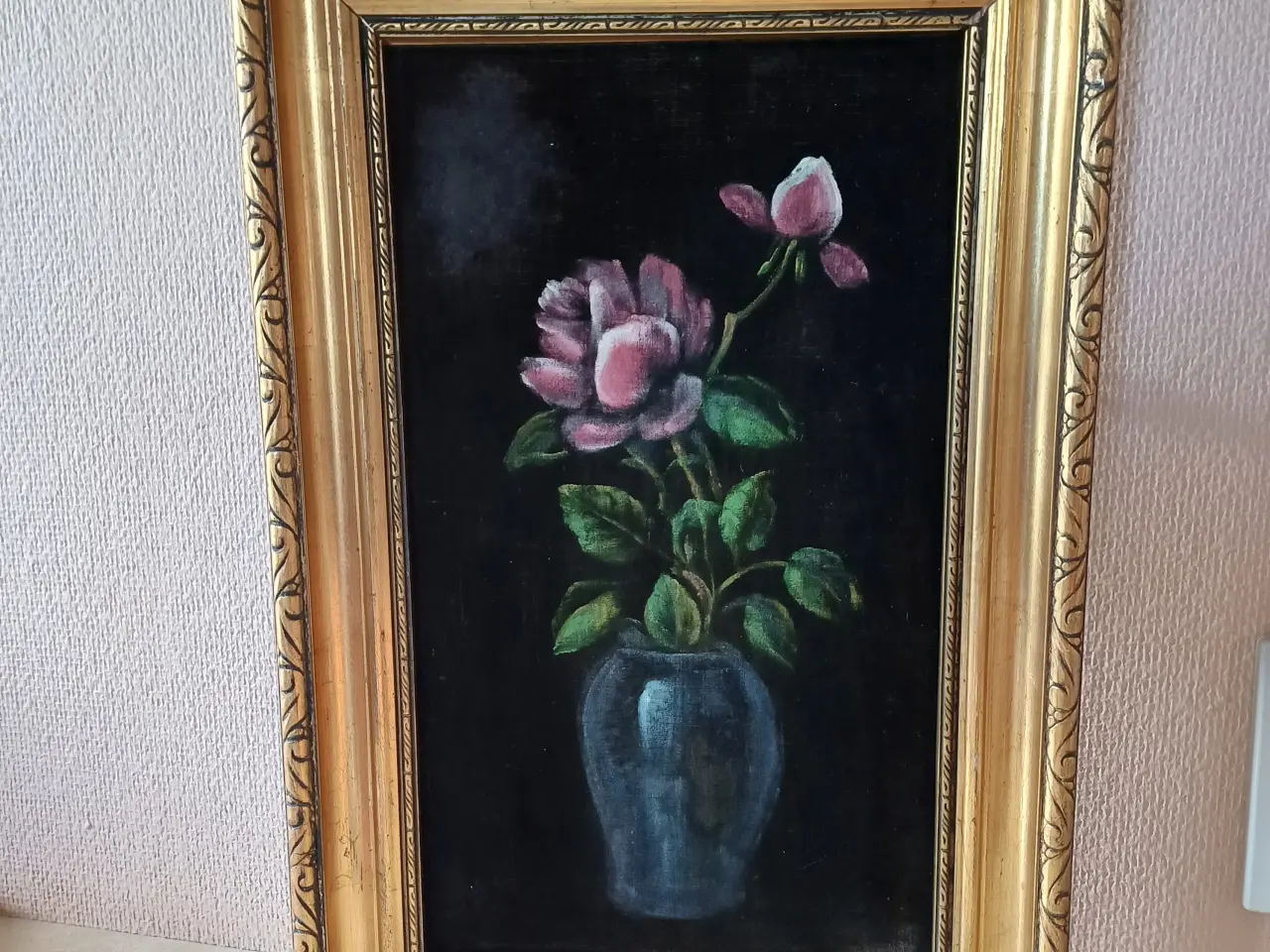 Billede 1 - Billede, vintage, med malet rose