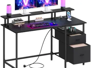 Gaming skrivebord med stofskuffer og skærmhylde - Ebony Black, 140 x 60 cm