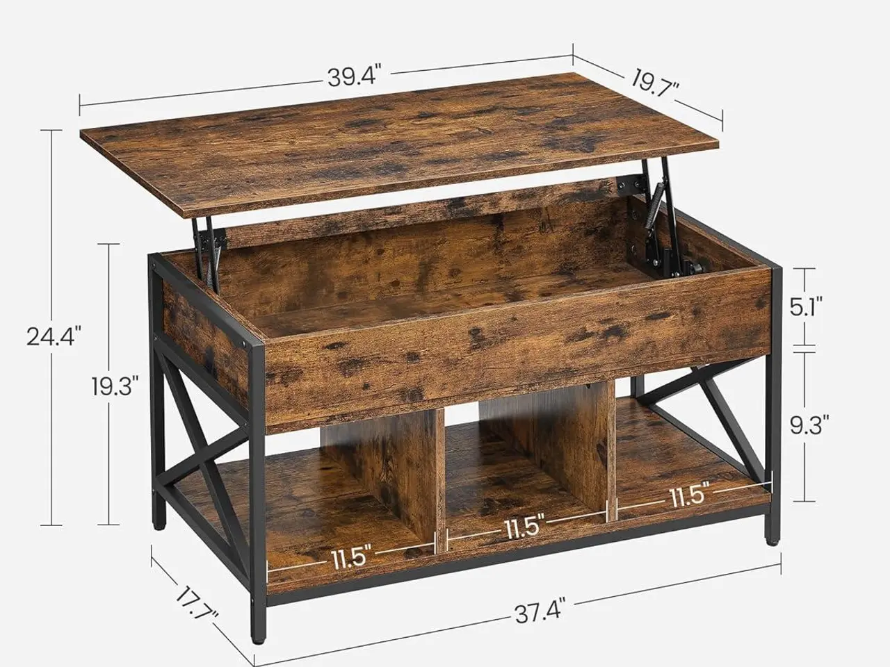 Billede 2 - Sofabord med hæve-/løftetop skjult opbevaring, rustik brun/sort (50 × 100 × 49-62 cm)
