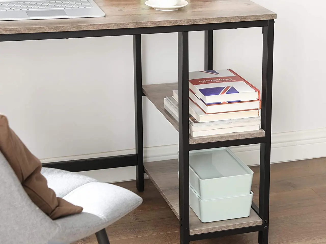 Billede 2 - L-formet skrivebord med hylder LWD72MB - greige og sort