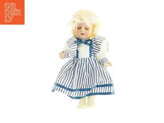 Porcelænsdukke med blå-hvidt stribet kjole (str. 26 x 12 cm)