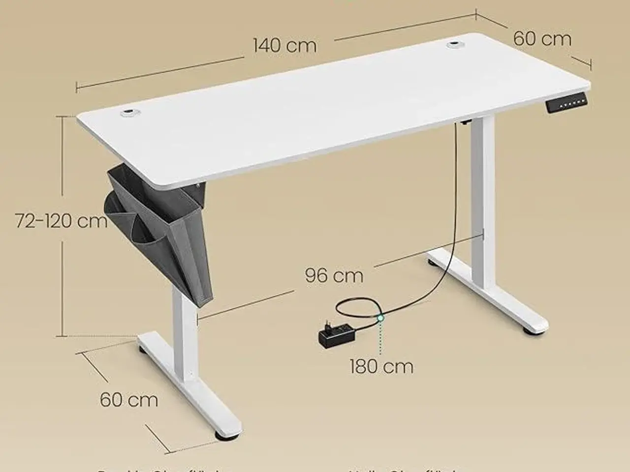 Billede 2 - Hæve-sænkebord elektrisk 60 × 140 cm, 72-120 cm, hukommelse, Cloud White
