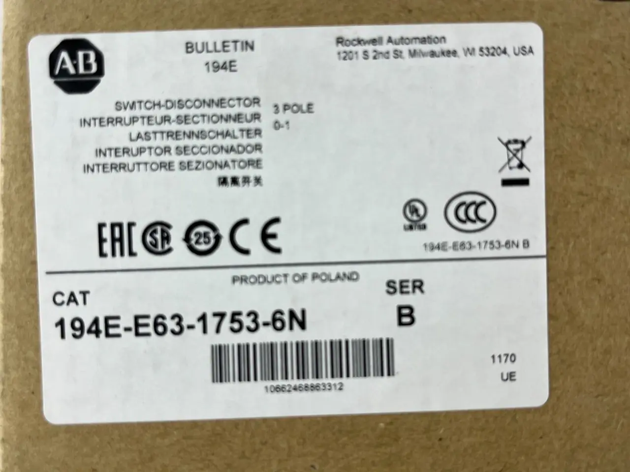 Billede 4 - Allen Bradley 194E-E63-1753-6N Load kontakt 63A