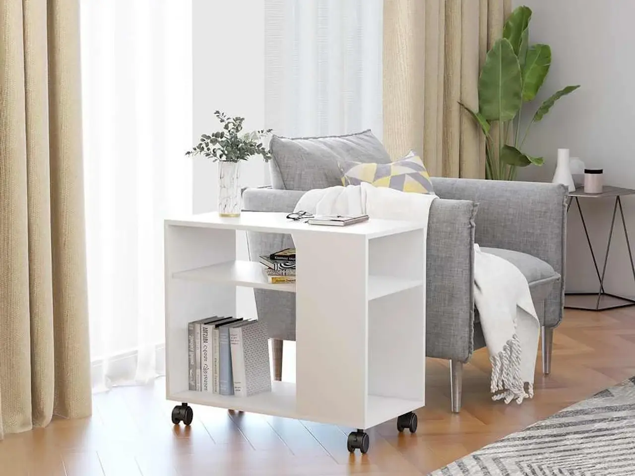 Billede 1 - Sidebord på hjul - konstrueret træ, hvid, 70×35×55 cm