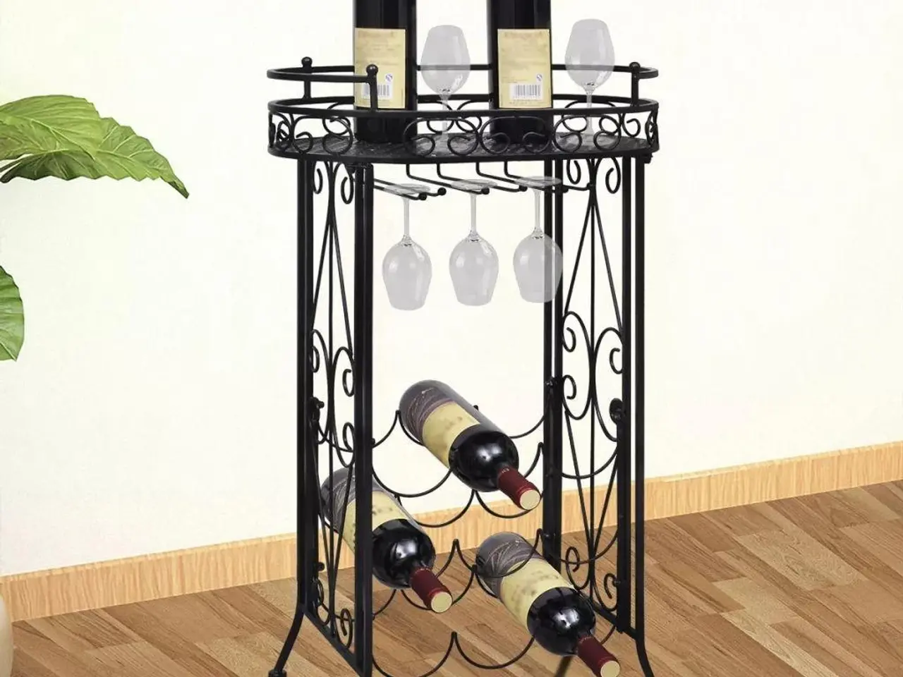 Billede 1 - Vinreol med glasholder - 9 flasker, smedejern, sort