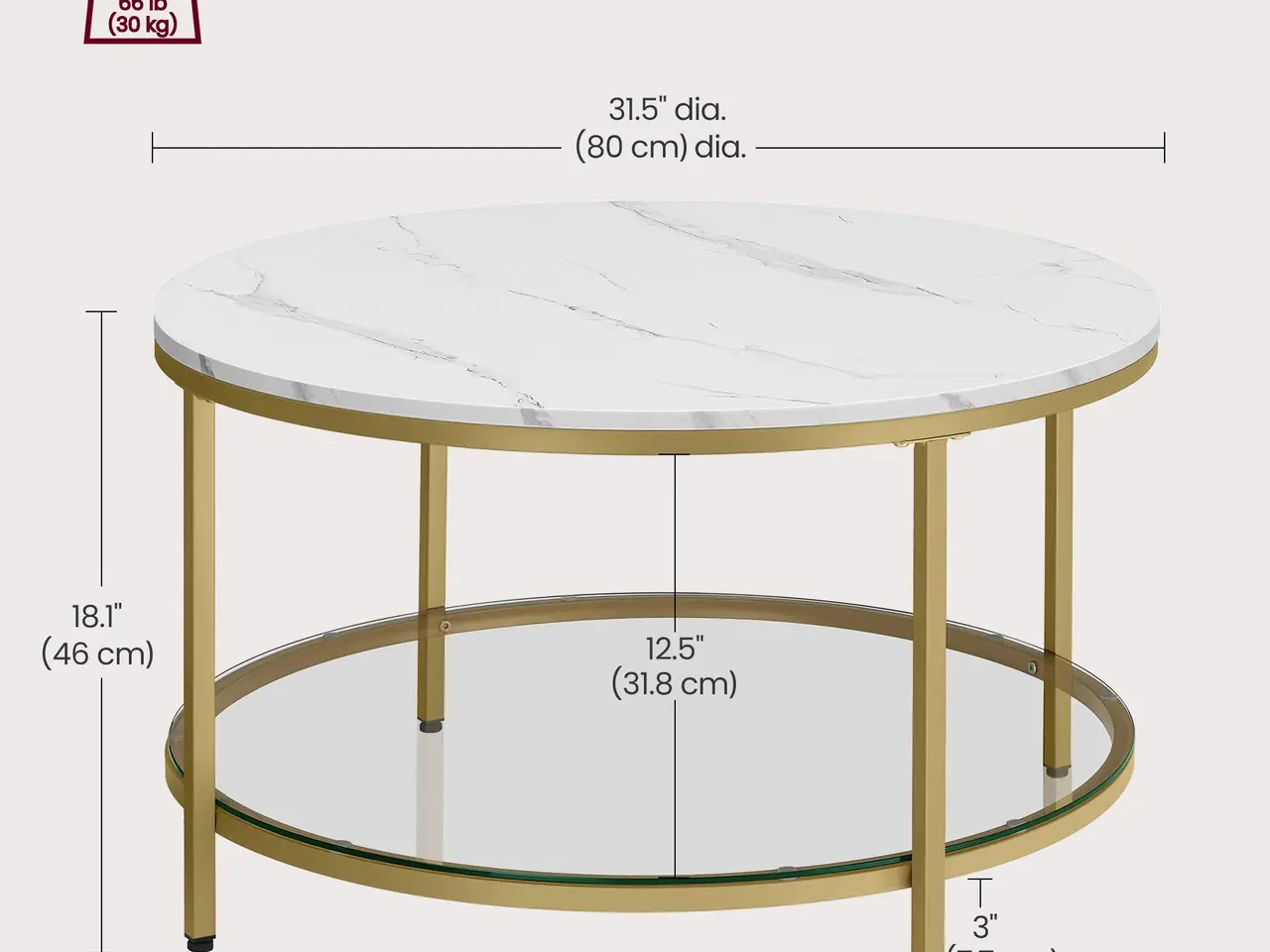 Billede 6 - Rundt sofabord med glashylde - hvid marmor-look/guld
