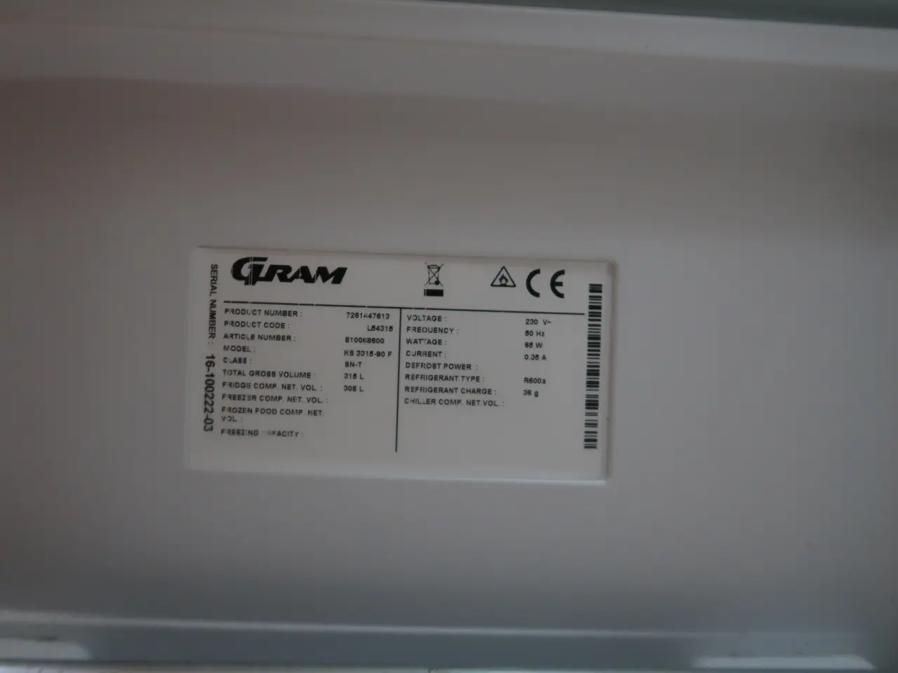 Billede 3 - Gram KS 3315-90 F fritstående køleskab