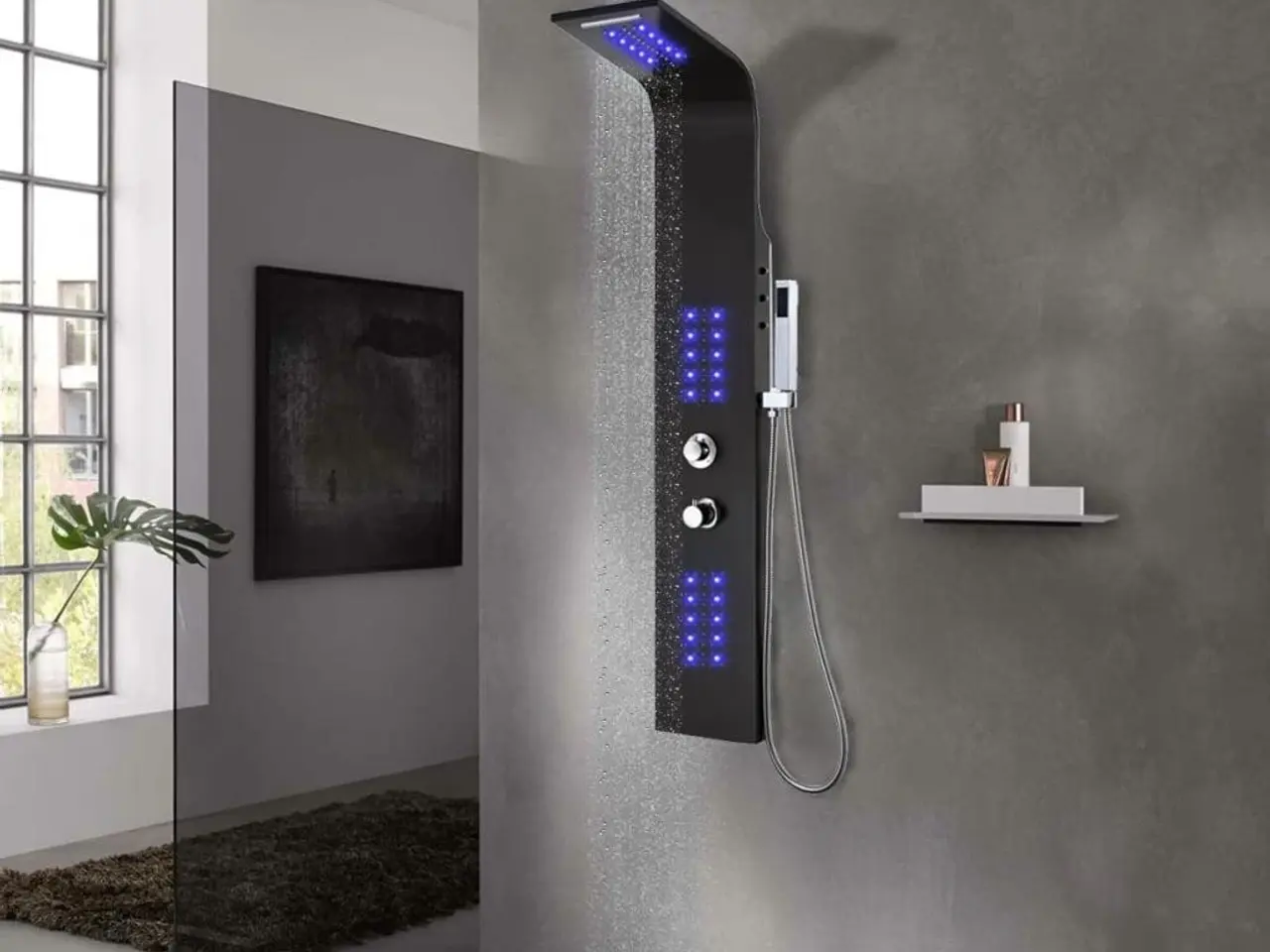 Billede 1 - Brusepanel i aluminium med LED - 20 × 44 × 130 cm, sort