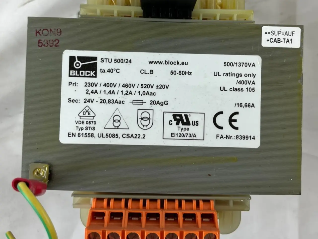 Billede 1 - BLOCK STU 500/24 Control Transformer 500VA 24V