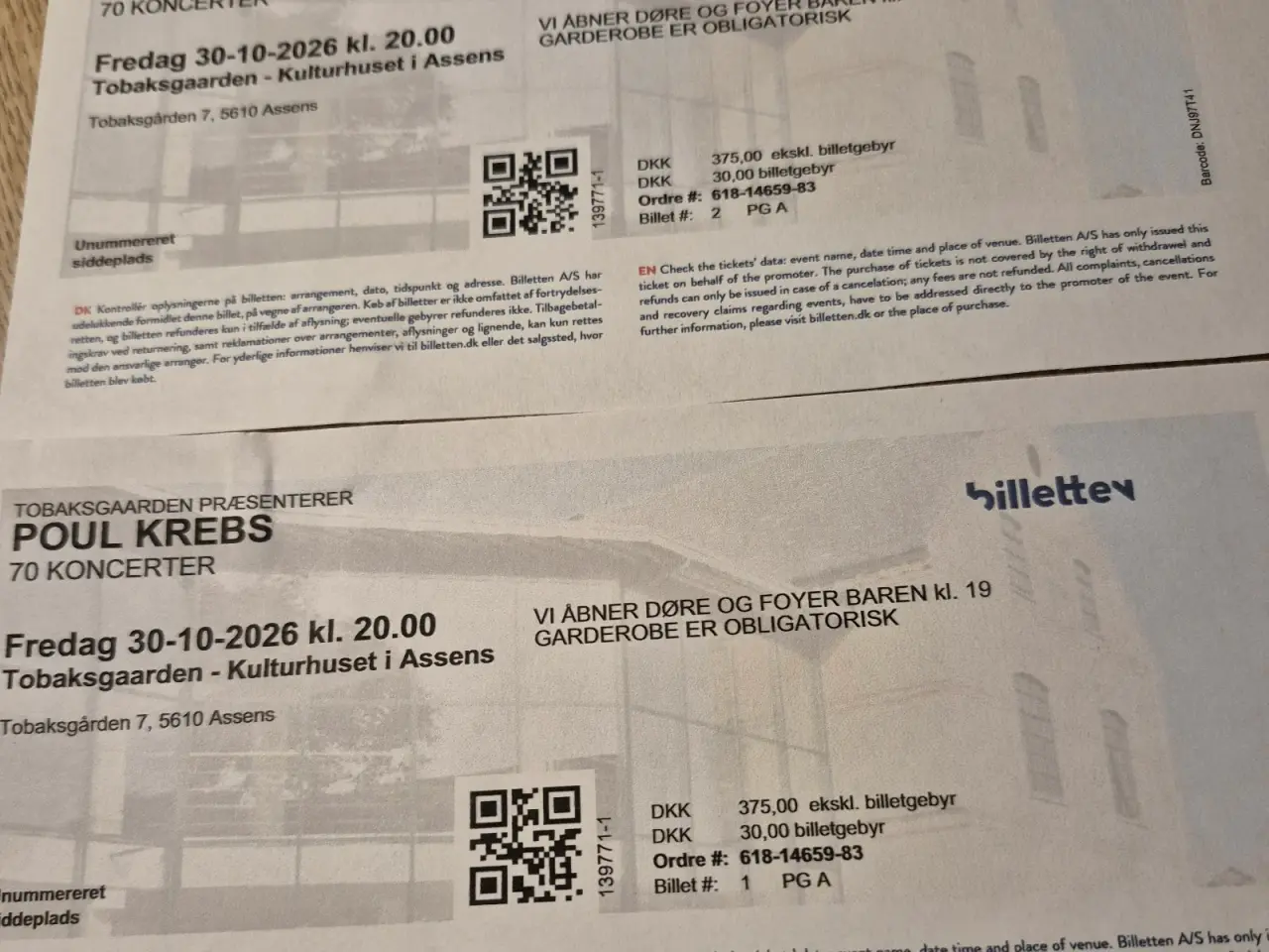 Billede 1 - Poul Krebs, billetter Assens, 2 stk