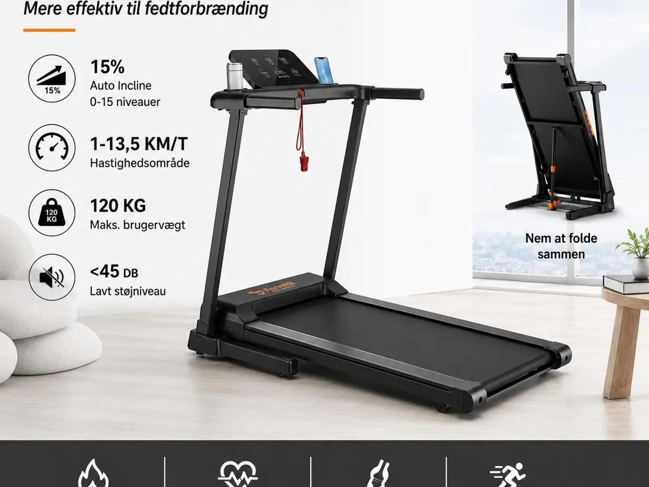Billede 4 - Foldbart løbebånd 3.0HK med 15% automatisk hældning