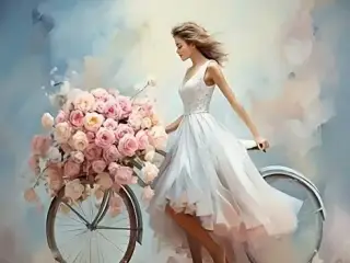 * Lærredsmaleri/tryk; Smuk blomsterpige - med cyke