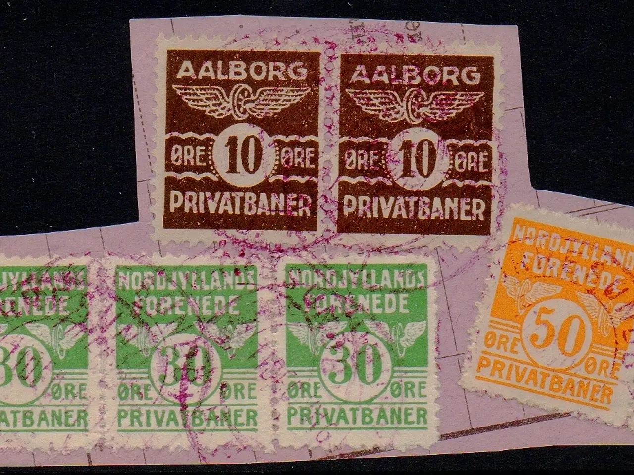 Billede 1 - Nordjyllands Forenede Privatbaner - Godsfrimærke - Klip med 30 - 10 - 50 Øre - Stemplet