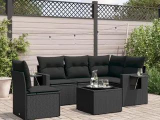 Havesofasæt i polyrattan - 6 dele med hynder, sort