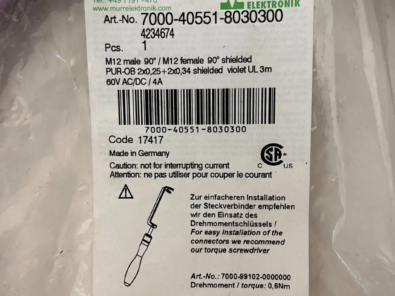 Billede 1 - Murrelektronik 7000-40551-8030300 M12 Shielded 3m