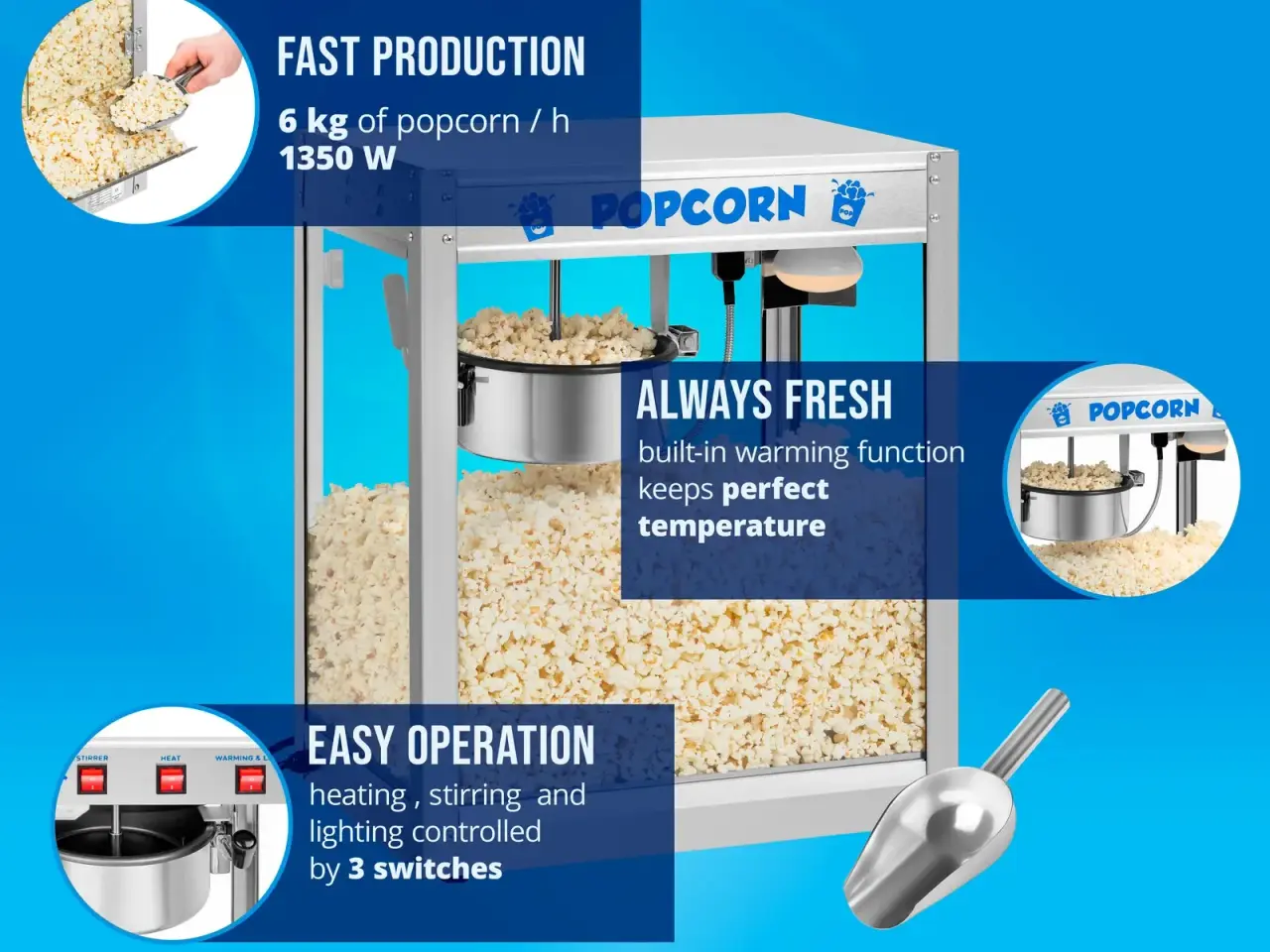 Billede 3 -  Popcornmaskine 88 L – 1350 W – rustfrit stål
