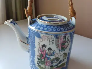 Japansk porcelæn tekande blå hvid med bambushank