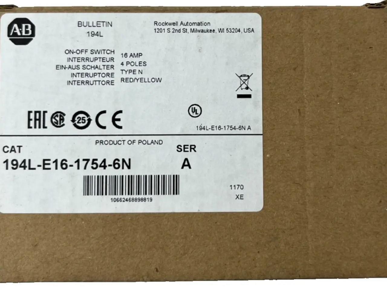 Billede 1 - Allen Bradley 194L-E16-1754-6N 16A 4P Disconnect