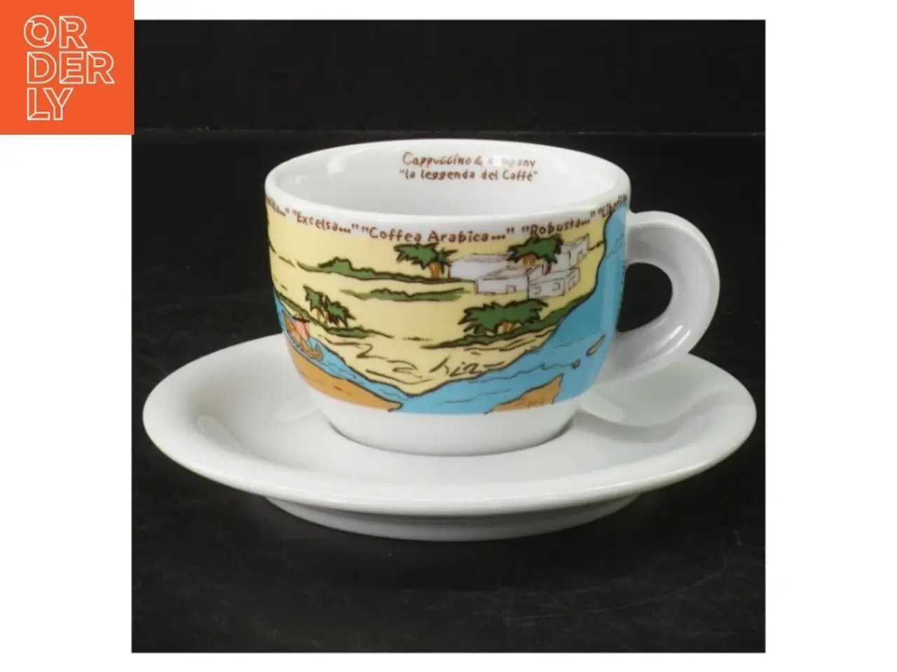 Billede 1 - Dekoreret cappuccino kop og underkop fra D’Ancàr (str. Y, 14,5 cm. h 6,5 cm, ø 8,5 cm)