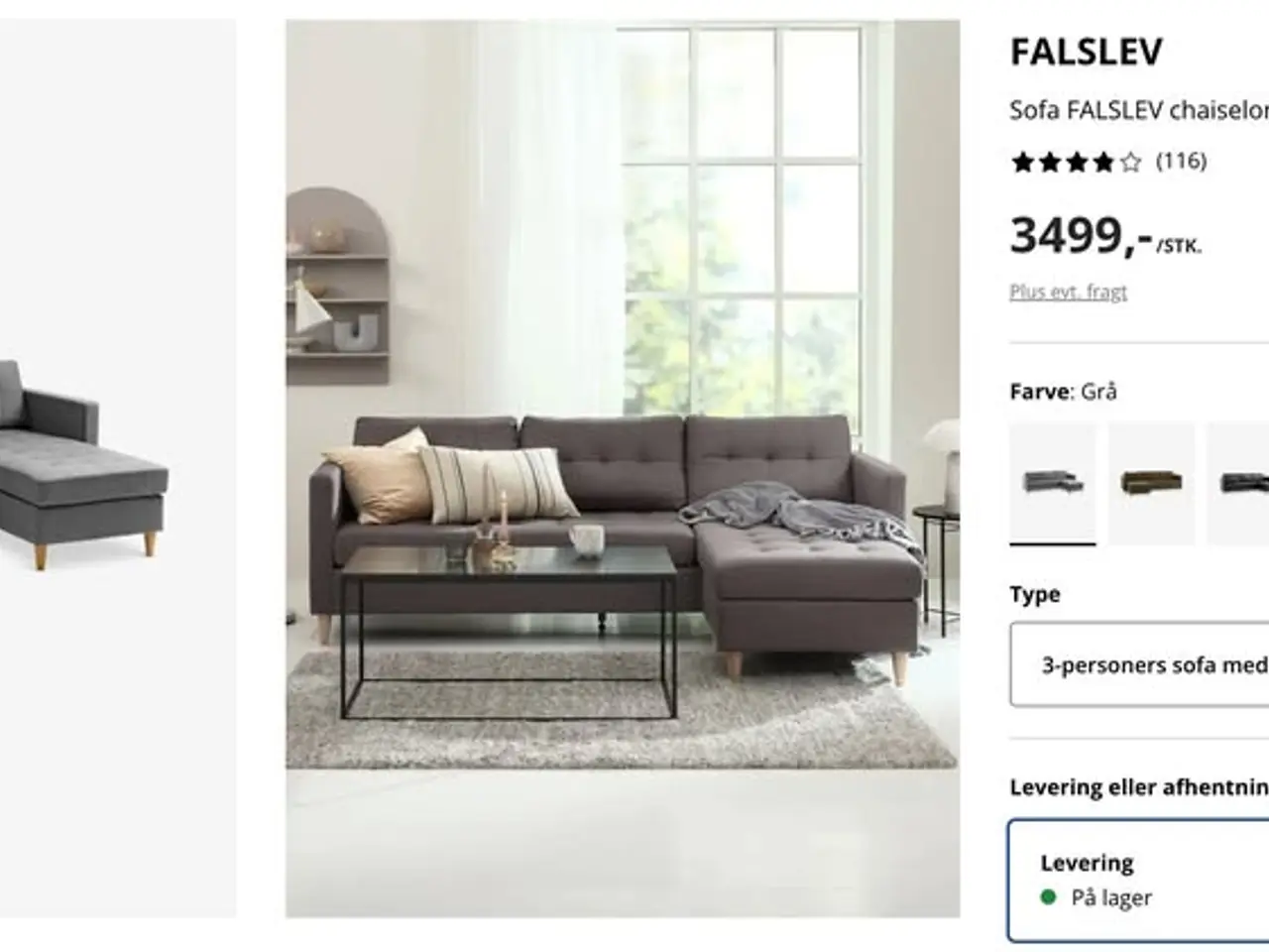 Billede 4 - Grå 3-personers sofa med flytbar chaiselong