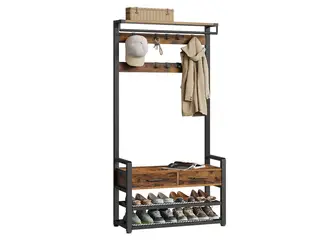Entréstativ med bænk og skoopbevaring - 2 stofskuffer, 10 knager, tøjstang - vintage brun/sort, 30 × 80,4 × 181,6 cm (HSR429B01)